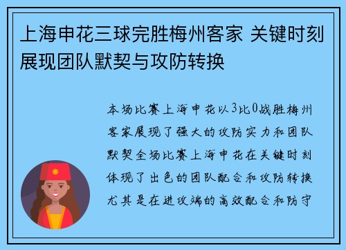 上海申花三球完胜梅州客家 关键时刻展现团队默契与攻防转换